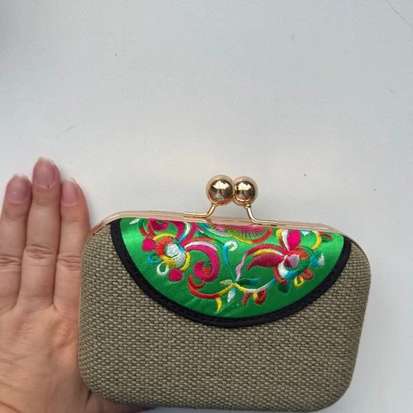 Embroidered Green and Brown Women's Clutch - Picture 2 of 4
